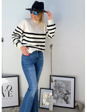 Pull maille tressée et ajourée Molly Bracken, rayé, coloris noir et blanc, référence LA1812DN