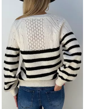 Pull maille tressée et ajourée Molly Bracken, rayé, coloris noir et blanc, référence LA1812DN