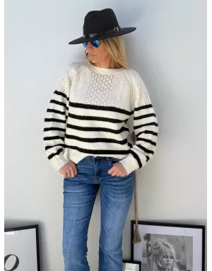 Pull maille tressée et ajourée Molly Bracken, rayé, coloris noir et blanc, référence LA1812DN