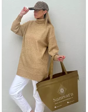 Pull long et oversize Molly Bracken, parsemé de sequins, coloris beige camel, référence T1921DN