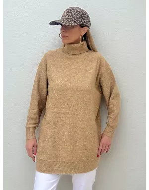 Pull long et oversize Molly Bracken, parsemé de sequins, coloris beige camel, référence T1921DN