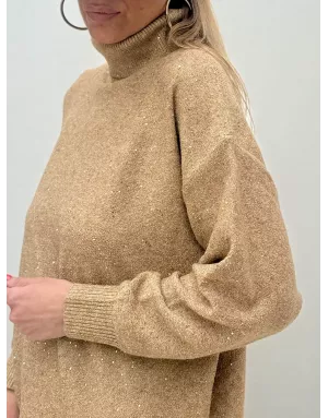 Pull long et oversize Molly Bracken, parsemé de sequins, coloris beige camel, référence T1921DN