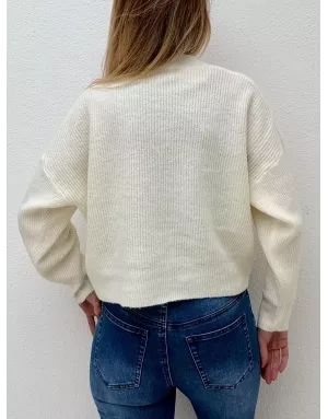 Pull fantaisie, grosse maille côtelée, fleurs fantaisies perlées, coloris blanc cassé,  Molly Bracken - Référence :LA1781DN