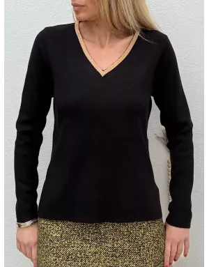 Pull fin à encolure fantaisie en V Molly Bracken, coloris noir- Référence : T1938DN