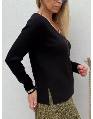Pull fin à encolure fantaisie en V Molly Bracken, coloris noir- Référence : T1938DN