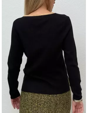 Pull fin à encolure fantaisie en V Molly Bracken, coloris noir- Référence : T1938DN