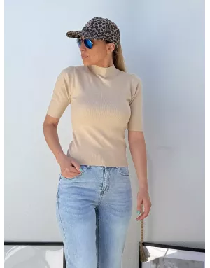 Pull col montant, finement côtelé, manches courtes, coloris beige,  Molly Bracken - Référence : E1465DN beige