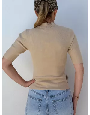 Pull col montant, finement côtelé, manches courtes, coloris beige,  Molly Bracken - Référence : E1465DN beige