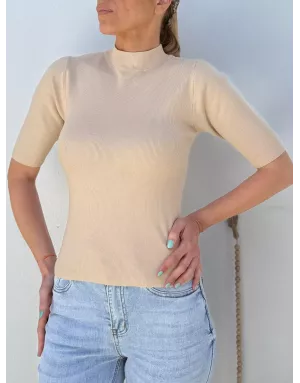 Pull col montant, finement côtelé, manches courtes, coloris beige,  Molly Bracken - Référence : E1465DN beige