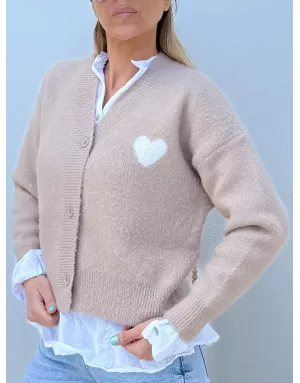 Gilet maille Molly Bracken, fantaisie coeur en poitrine, coloris beige - Référence : LA1634DN