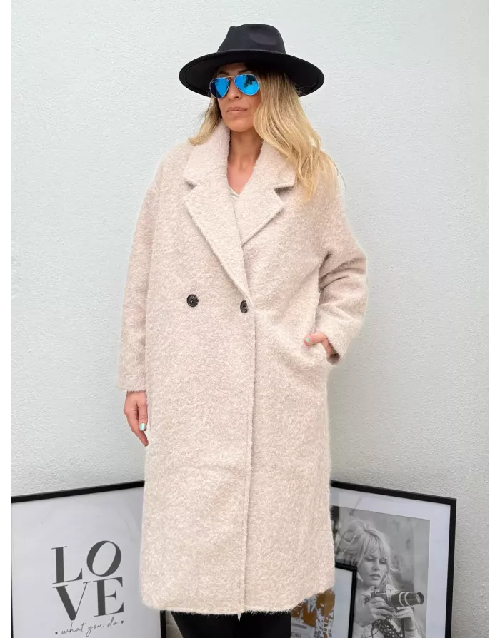 Manteau long, coupe oversize, coloris beige - Référence : PLF106ADH