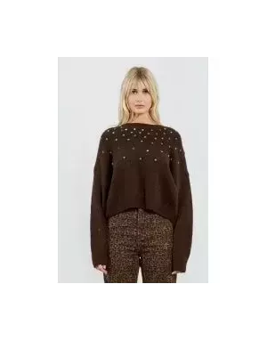 Pull clouté à maille épaisse, Lili Sidonio pour Molly Bracken, coloris marron très foncé - Référence :LAL607DN