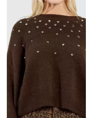 Pull clouté à maille épaisse, Lili Sidonio pour Molly Bracken, coloris marron très foncé - Référence :LAL607DN
