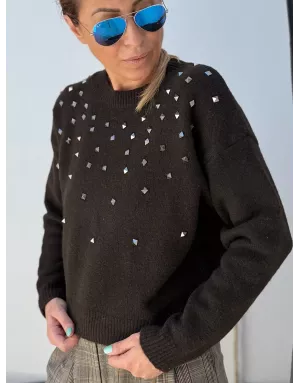 Pull clouté à maille épaisse, Lili Sidonio pour Molly Bracken, coloris marron très foncé - Référence :LAL607DN