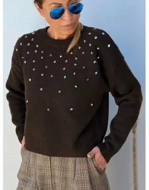 Pull clouté à maille épaisse, Lili Sidonio pour Molly Bracken, coloris marron très foncé - Référence :LAL607DN