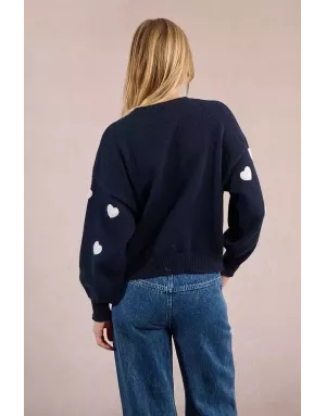 Pull fantaisie, grosse maille, coeurs texturés en relief, coloris navy  Molly Bracken - Référence :LA1828DN