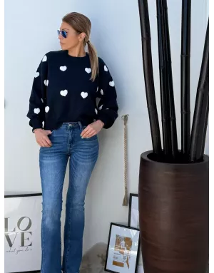 Pull fantaisie, grosse maille, coeurs texturés en relief, coloris navy  Molly Bracken - Référence :LA1828DN