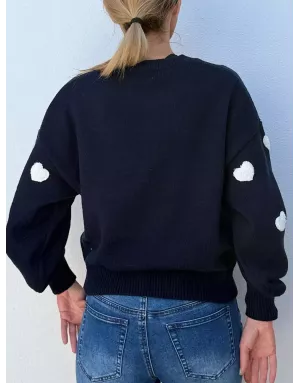 Pull fantaisie, grosse maille, coeurs texturés en relief, coloris navy  Molly Bracken - Référence :LA1828DN