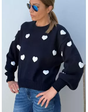 Pull fantaisie, grosse maille, coeurs texturés en relief, coloris navy  Molly Bracken - Référence :LA1828DN