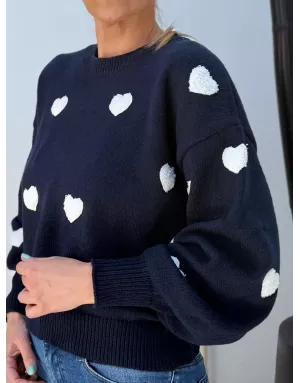Pull fantaisie, grosse maille, coeurs texturés en relief, coloris navy  Molly Bracken - Référence :LA1828DN