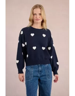 Pull fantaisie, grosse maille, coeurs texturés en relief, coloris navy  Molly Bracken - Référence :LA1828DN