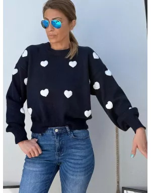 Pull fantaisie, grosse maille, coeurs texturés en relief, coloris navy  Molly Bracken - Référence :LA1828DN