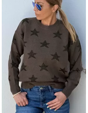 Pull fantaisie en maille, étoiles en fils pailletés, coloris kaki  Molly Bracken - Référence: LA855BDN