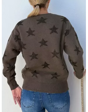 Pull fantaisie en maille, étoiles en fils pailletés, coloris kaki  Molly Bracken - Référence: LA855BDN