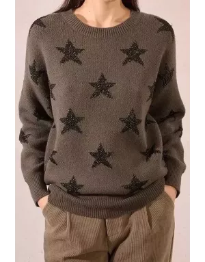Pull fantaisie en maille, étoiles en fils pailletés, coloris kaki  Molly Bracken - Référence: LA855BDN