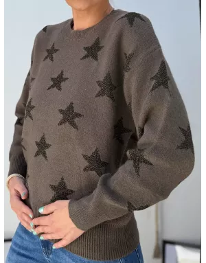 Pull fantaisie en maille, étoiles en fils pailletés, coloris kaki  Molly Bracken - Référence: LA855BDN