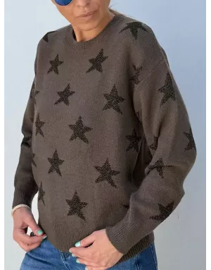 Pull fantaisie en maille, étoiles en fils pailletés, coloris kaki  Molly Bracken - Référence: LA855BDN