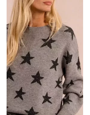 Pull fantaisie en maille, étoiles en fils pailletés, coloris gris Molly Bracken - Référence: LA855BDN