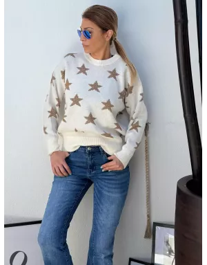 Pull fantaisie en maille, étoiles en fils pailletés, coloris blanc cassé Molly Bracken - Référence: LA855BDN