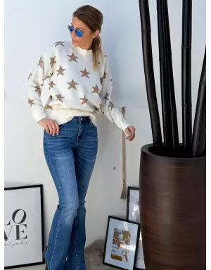 Pull fantaisie en maille, étoiles en fils pailletés, coloris blanc cassé Molly Bracken - Référence: LA855BDN