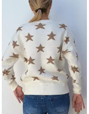 Pull fantaisie en maille, étoiles en fils pailletés, coloris blanc cassé Molly Bracken - Référence: LA855BDN