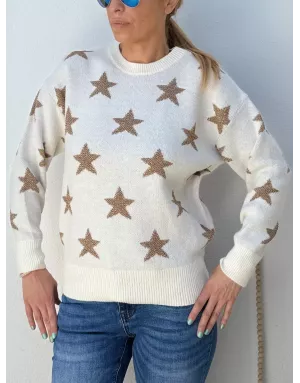 Pull fantaisie en maille, étoiles en fils pailletés, coloris blanc cassé Molly Bracken - Référence: LA855BDN