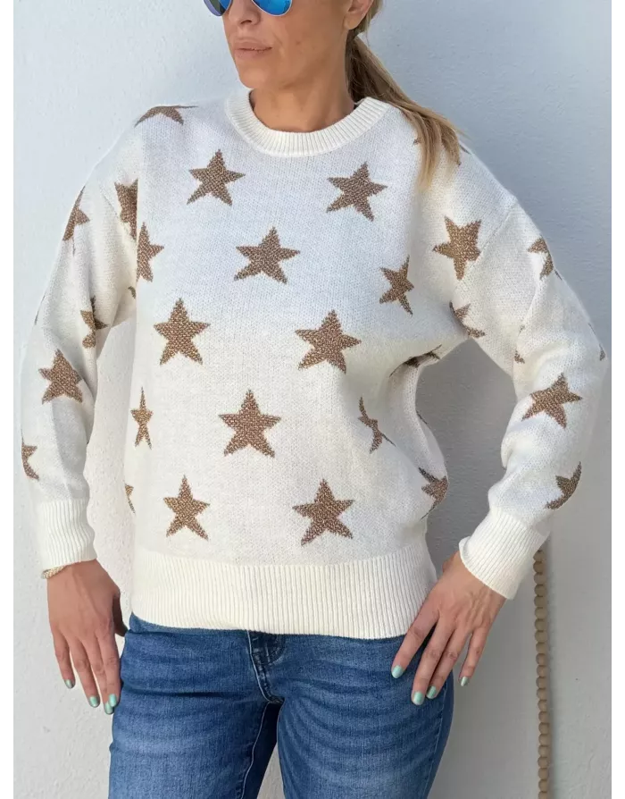 Pull fantaisie en maille, étoiles en fils pailletés, coloris blanc cassé Molly Bracken - Référence: LA855BDN
