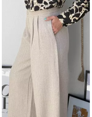Pantalon large, taille haute, à imprimé chevrons Molly Bracken, coloris beige - Référence : T1872ADH