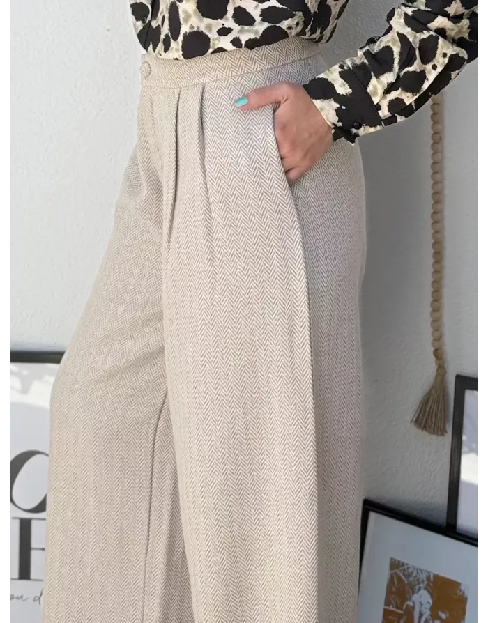 Pantalon large, taille haute, à imprimé chevrons Molly Bracken, coloris beige - Référence : T1872ADH