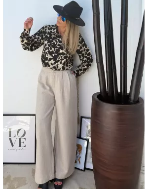 Pantalon large, taille haute, à imprimé chevrons Molly Bracken, coloris beige - Référence : T1872ADH