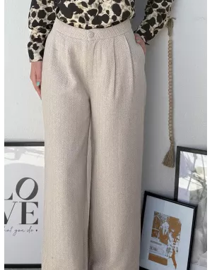 Pantalon large, taille haute, à imprimé chevrons Molly Bracken, coloris beige - Référence : T1872ADH