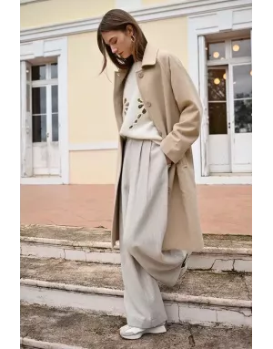 Pantalon large, taille haute, à imprimé chevrons Molly Bracken, coloris beige - Référence : T1872ADH