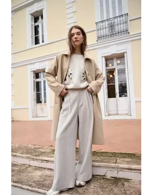 Pantalon large, taille haute, à imprimé chevrons Molly Bracken, coloris beige - Référence : T1872ADH