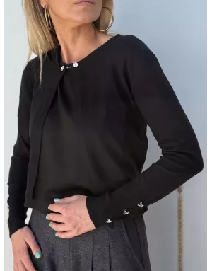 Gilet boléro Lili Sidonio, fermeture chaînette strass, boutons strass poignets, coloris noir - Référence : EL1003DN