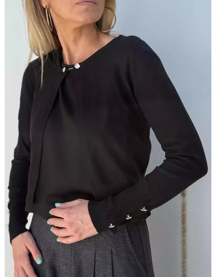 Gilet boléro Lili Sidonio, fermeture chaînette strass, boutons strass poignets, coloris noir - Référence : EL1003DN