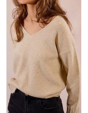 Pull fantaisie en maille, parsemé de fins sequins, fils lurex, coloris crème, Molly Bracken - Référence: LA1590DN