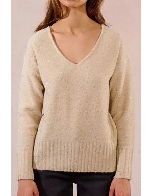 Pull fantaisie en maille, parsemé de fins sequins, fils lurex, coloris crème, Molly Bracken - Référence: LA1590DN