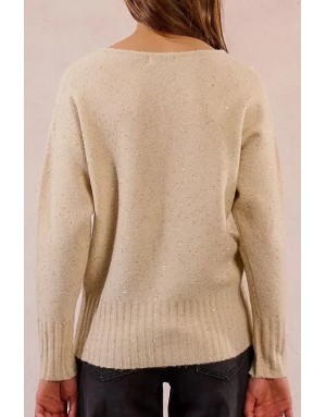 Pull fantaisie en maille, parsemé de fins sequins, fils lurex, coloris crème, Molly Bracken - Référence: LA1590DN