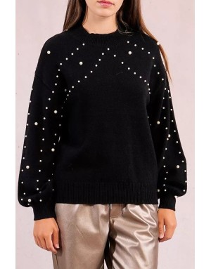 Pull fantaisie en maille, application de perles, coloris noir Molly Bracken - Référence: LA1827DH