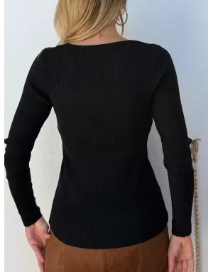 Sous-pull avec laine, maille côtelée, manches longues, encolure v dentelle, coloris noir, Réf: LA1841DN